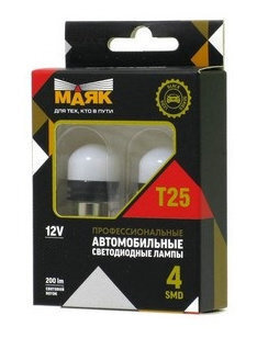 Лампа LED T25 12V 21W BA15s ORANGE  2шт(МАЯК) 12T25BLK132BL