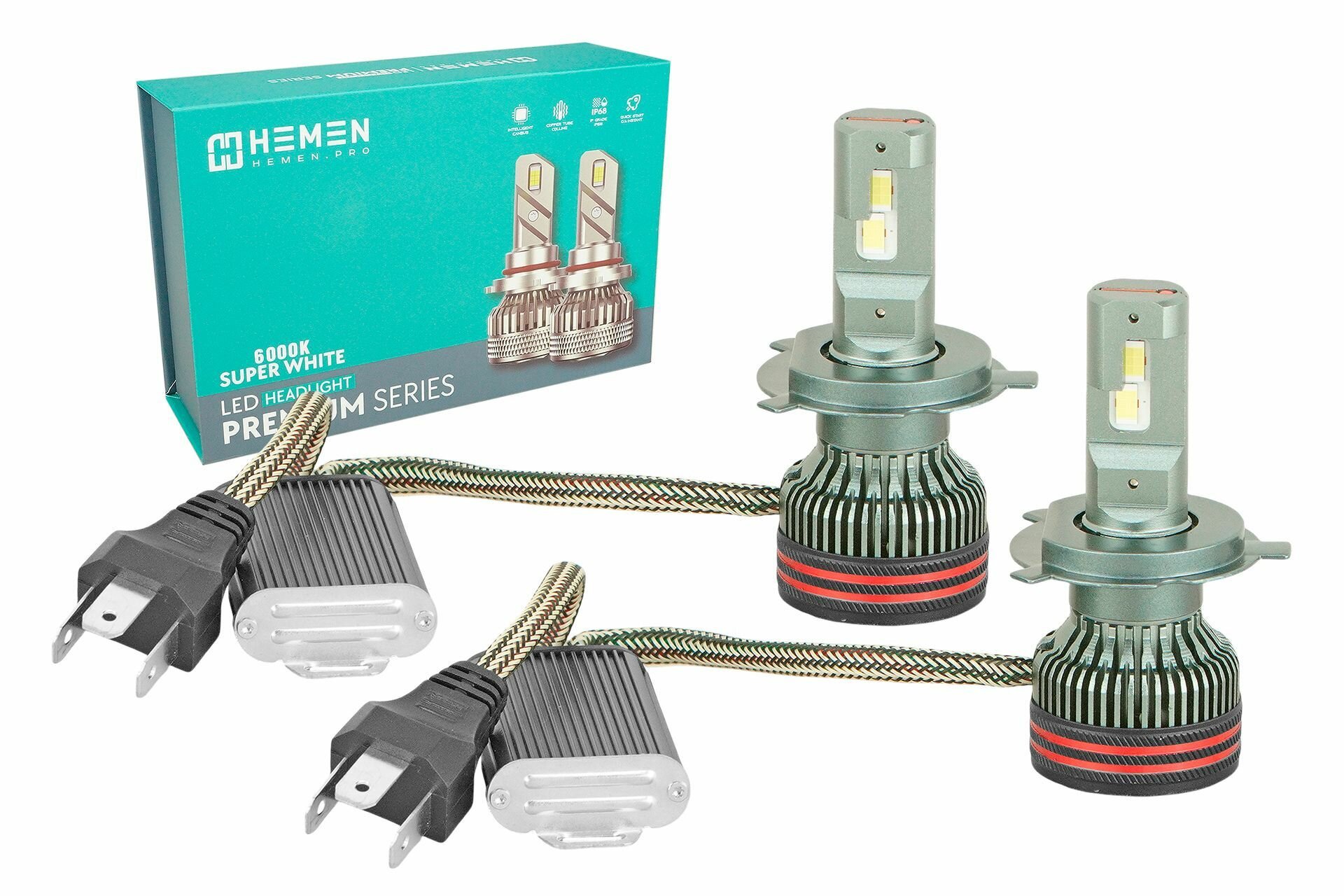 Лампа автомобильная LED (H4 линза 12v/24v 100w P43T к-т 2шт) (ZMB ) HEMEN T4H4