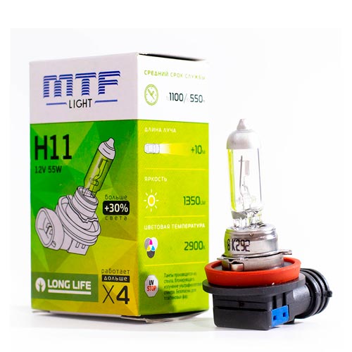 Лампа галогенная H11 12V 55W 30% PGJ19-2 Standard (MTF) HS1211