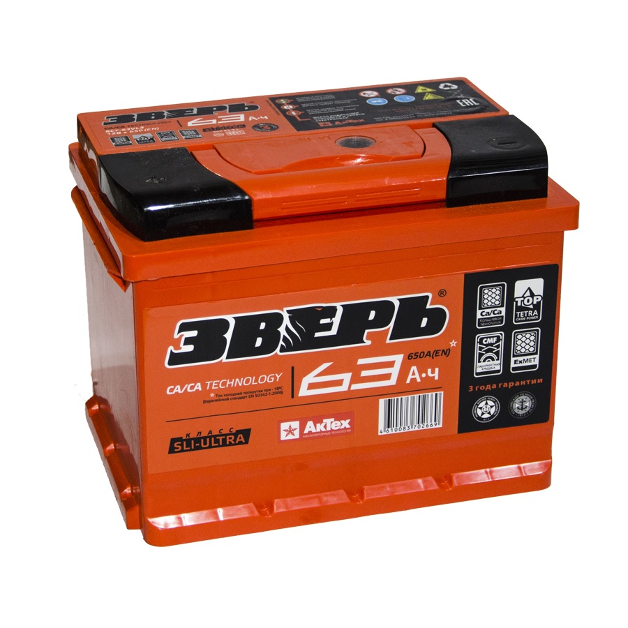 Стандарт 12V 63Ah 650A EN п.п (ЗВЕРЬ) ZVK633L